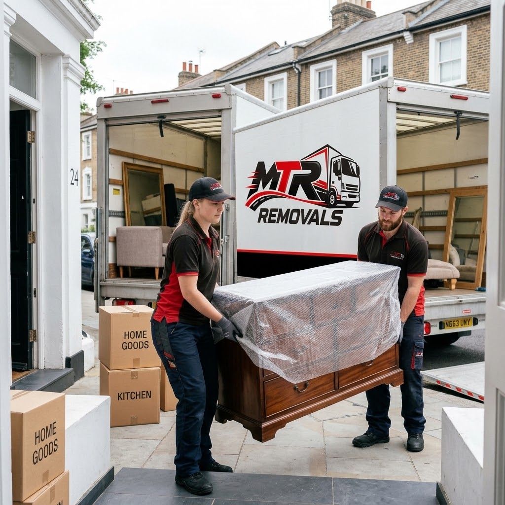 Two MTR Removals movers carrying a wrapped timber chest of drawers to the truck in Newcastle