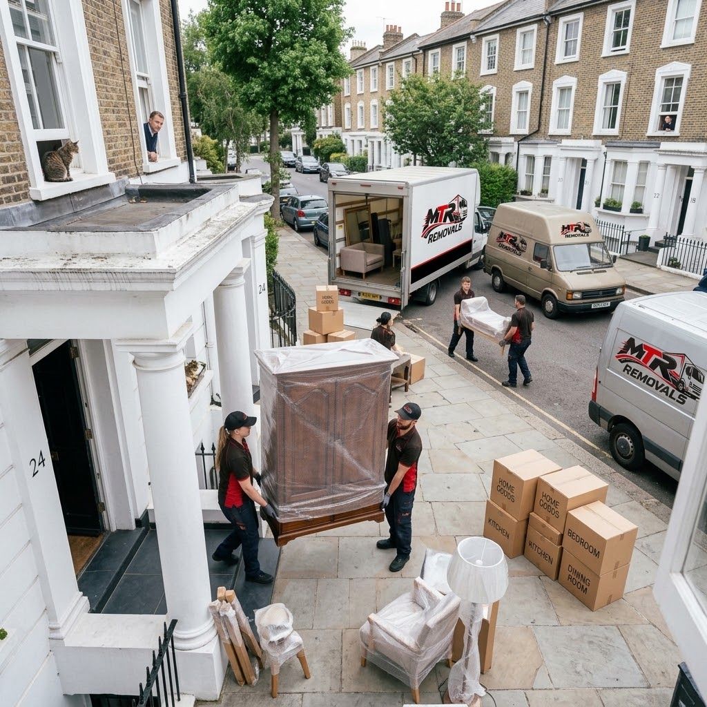 MTR Removals team carrying a wrapped wardrobe out of a house during a home move in Newcastle