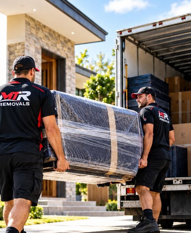 MTR Removals removalists carrying a wrapped sofa into a removal truck in Newcastle