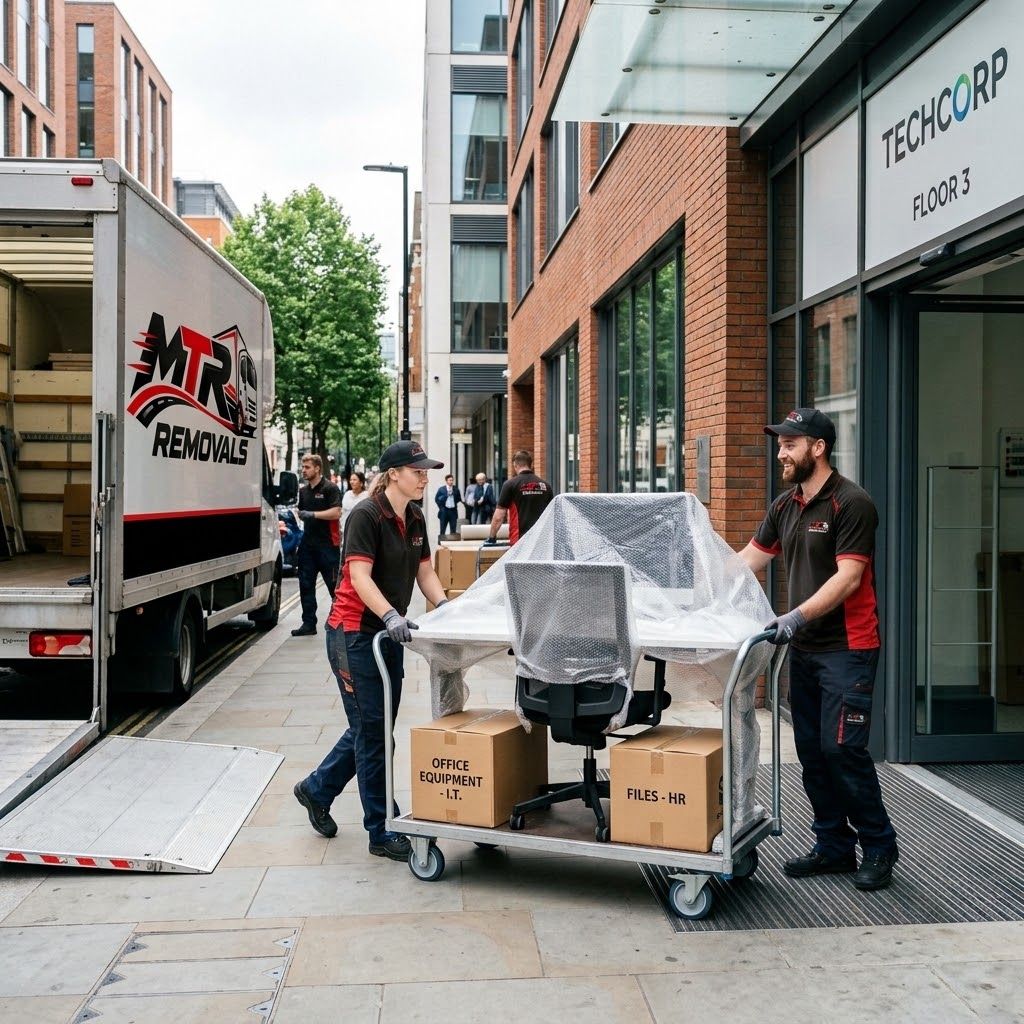 MTR Removals crew wheeling office chairs, desks and IT boxes into an office building in Newcastle